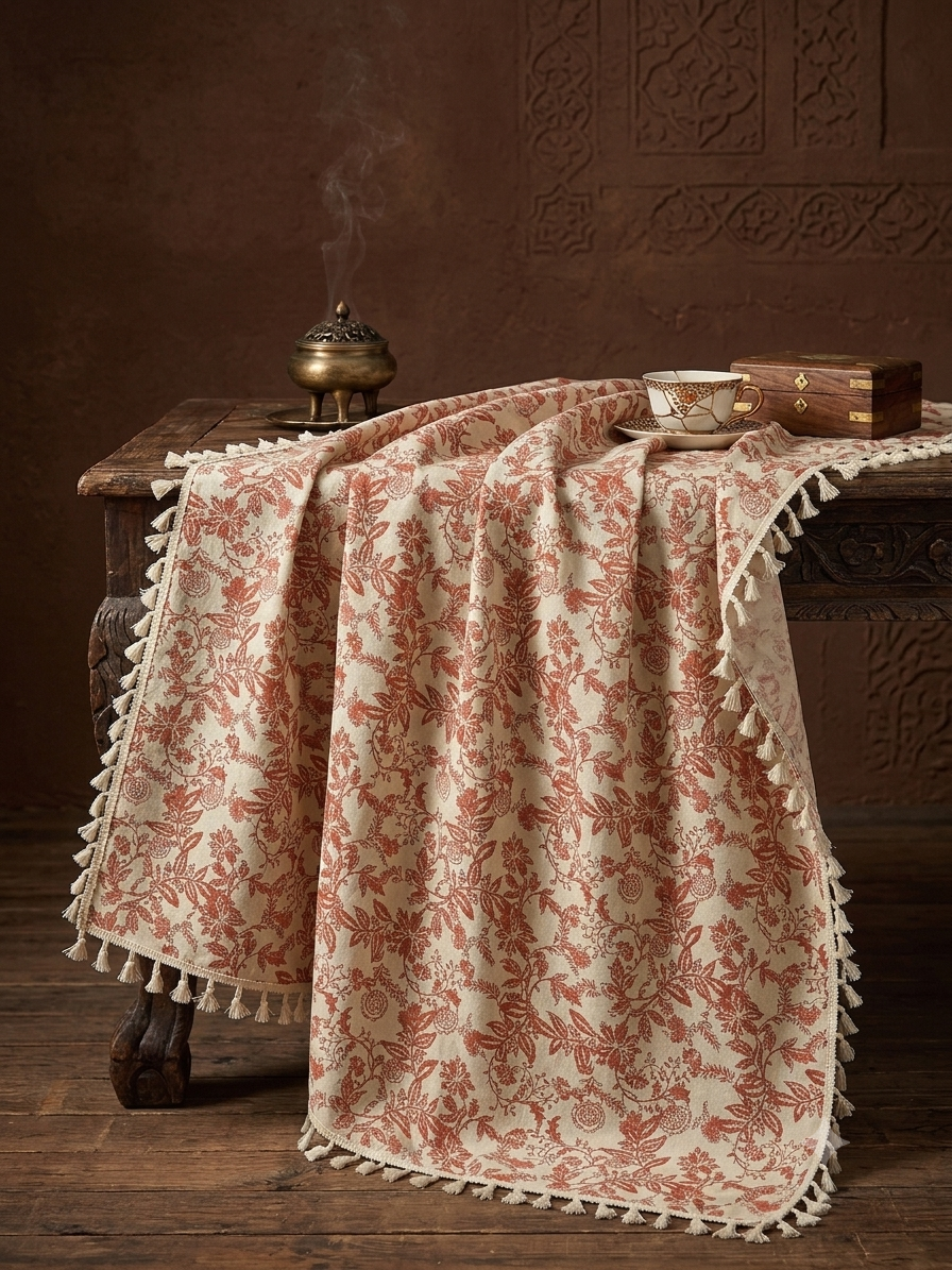 復古紅色花卉流蘇桌布 Rustique Linens Red Floral Tassel Tablecloth