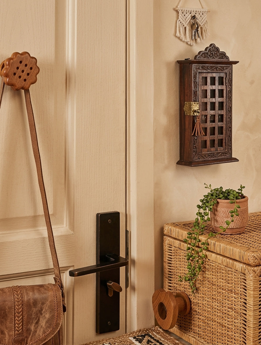 印度紫檀木壁掛式 6 鉤鑰匙收納櫃 Wall-Mounted Sheesham Wood Key Holder with 6 Hooks