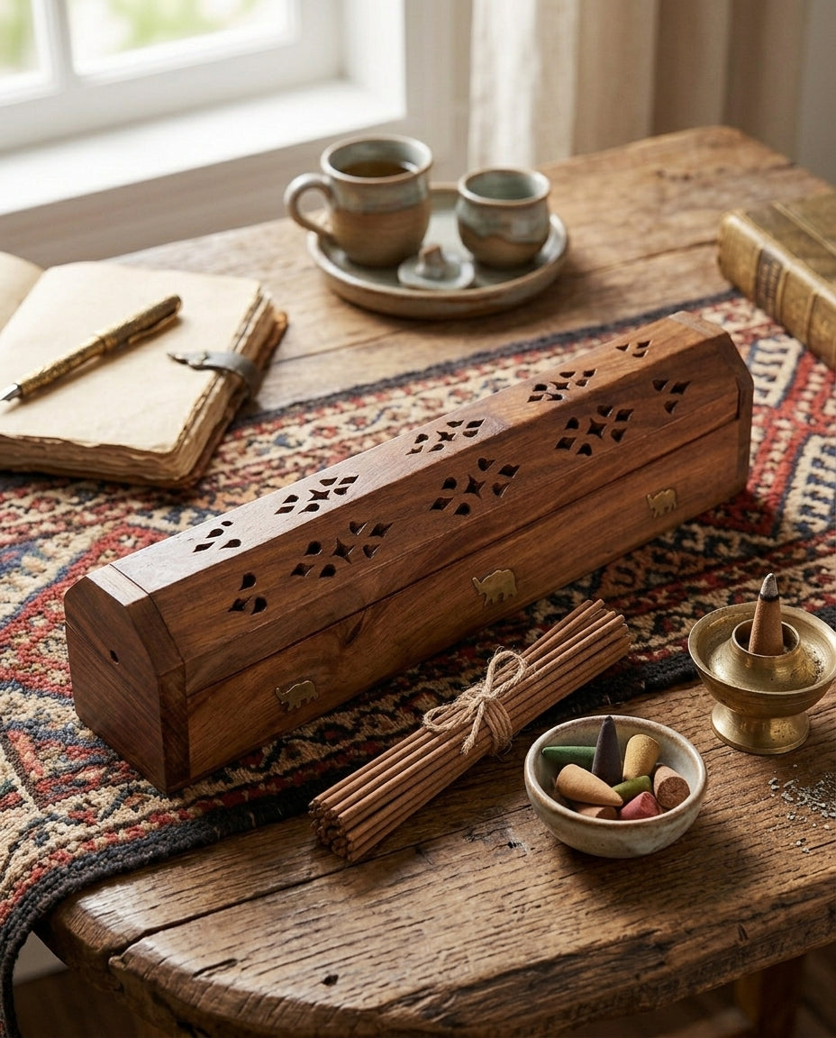 匠心雕花．雙木拼色黃銅線香塔座 The Artisan's Sanctuary: Handcrafted Dual-Tone Incense Tower
