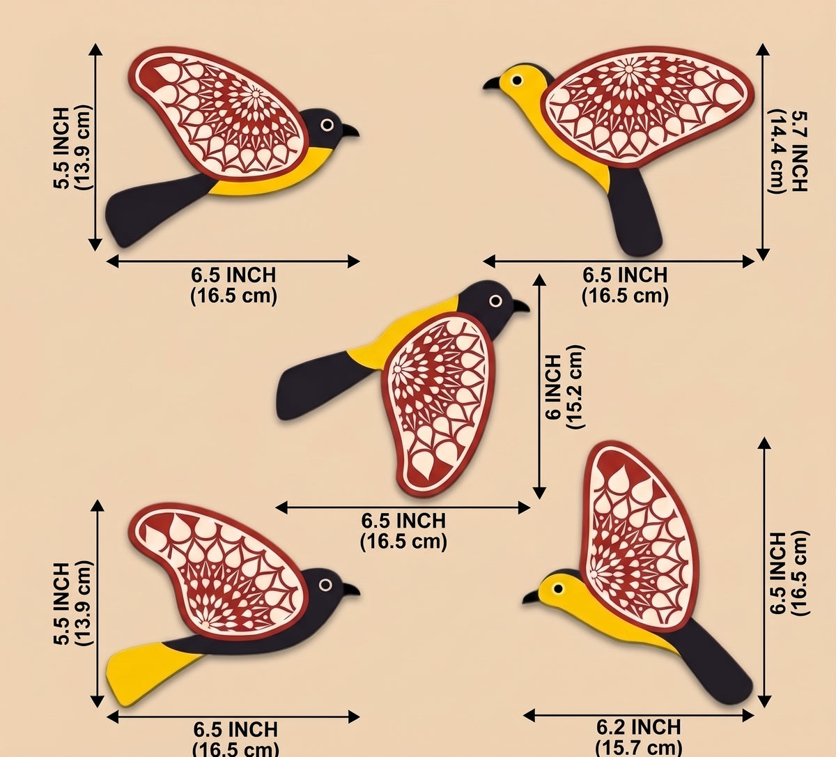 翩翩飛鳥曼陀羅彩繪木質壁飾 (1組5個) Graceful Flight Mandala Painted Birds Wall Decor