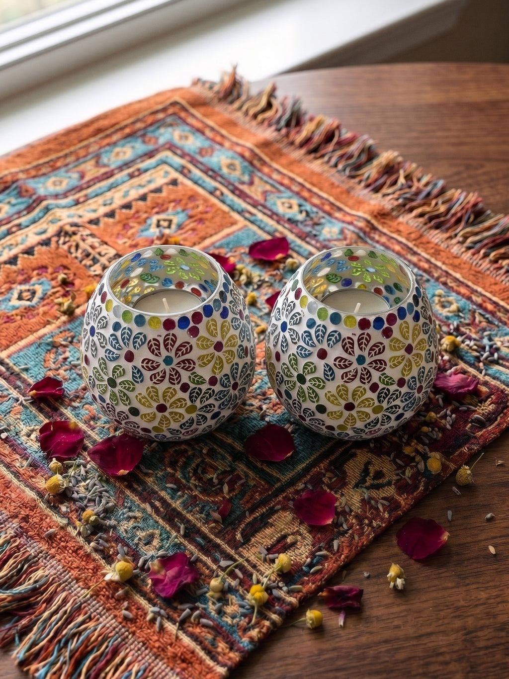 異國繁花手工馬賽克玻璃燭台（1組2個） Vintage Floral Mosaic Glass Tealight Candle Holders (Set of 2)