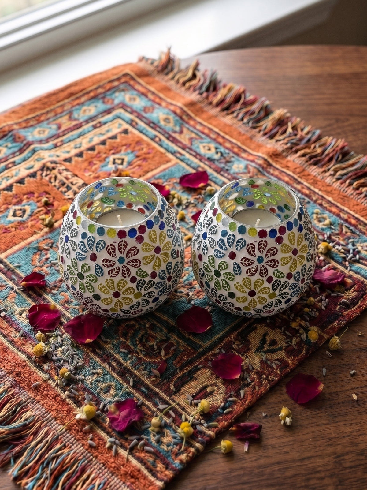 異國繁花手工馬賽克玻璃燭台（1組2個） Vintage Floral Mosaic Glass Tealight Candle Holders (Set of 2)