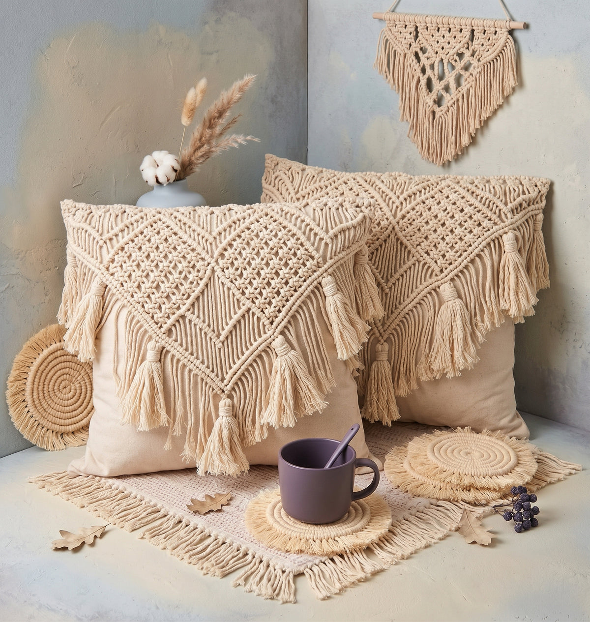 經典幾何 Macramé 手工編織抱枕套  Classic Geometric Macramé Cushion Cover