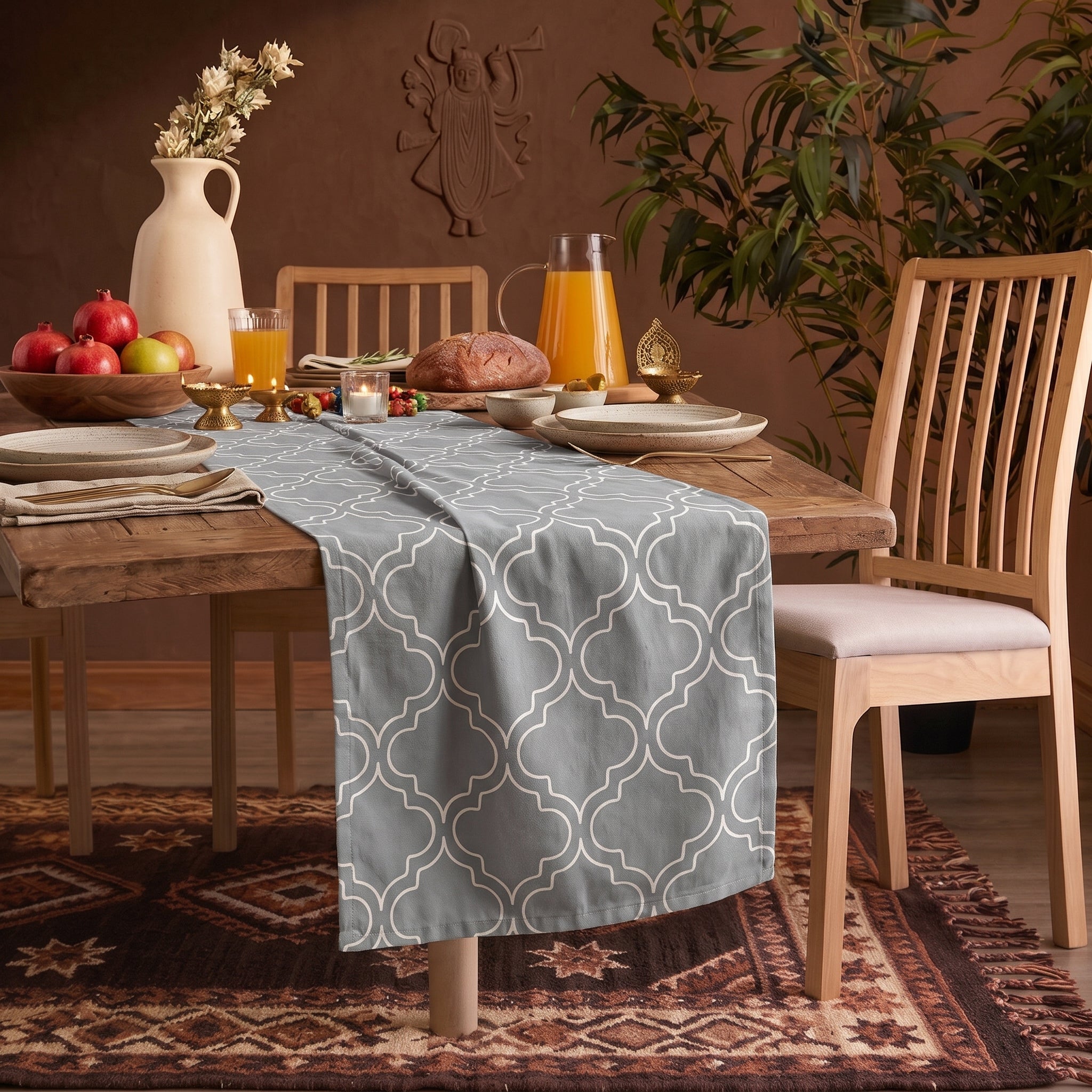 灰色幾何圖騰純棉餐桌旗 Grey Tile Pattern Premium Cotton Dining Table Runner