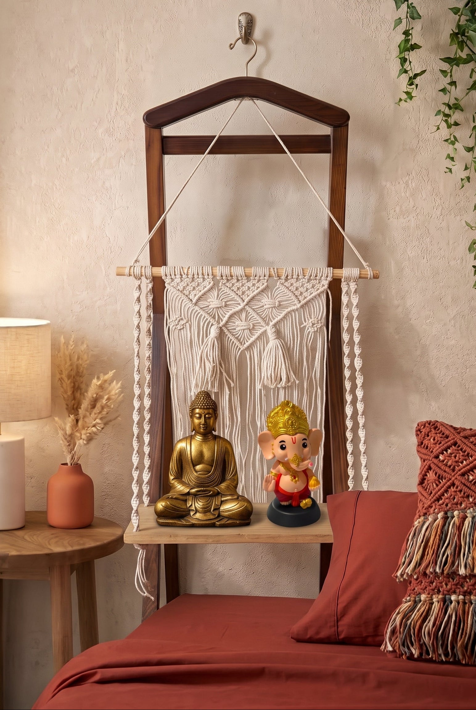 波西米亞手工編織木質牆面層架 Handmade Boho Macrame Wood Hanging Shelf