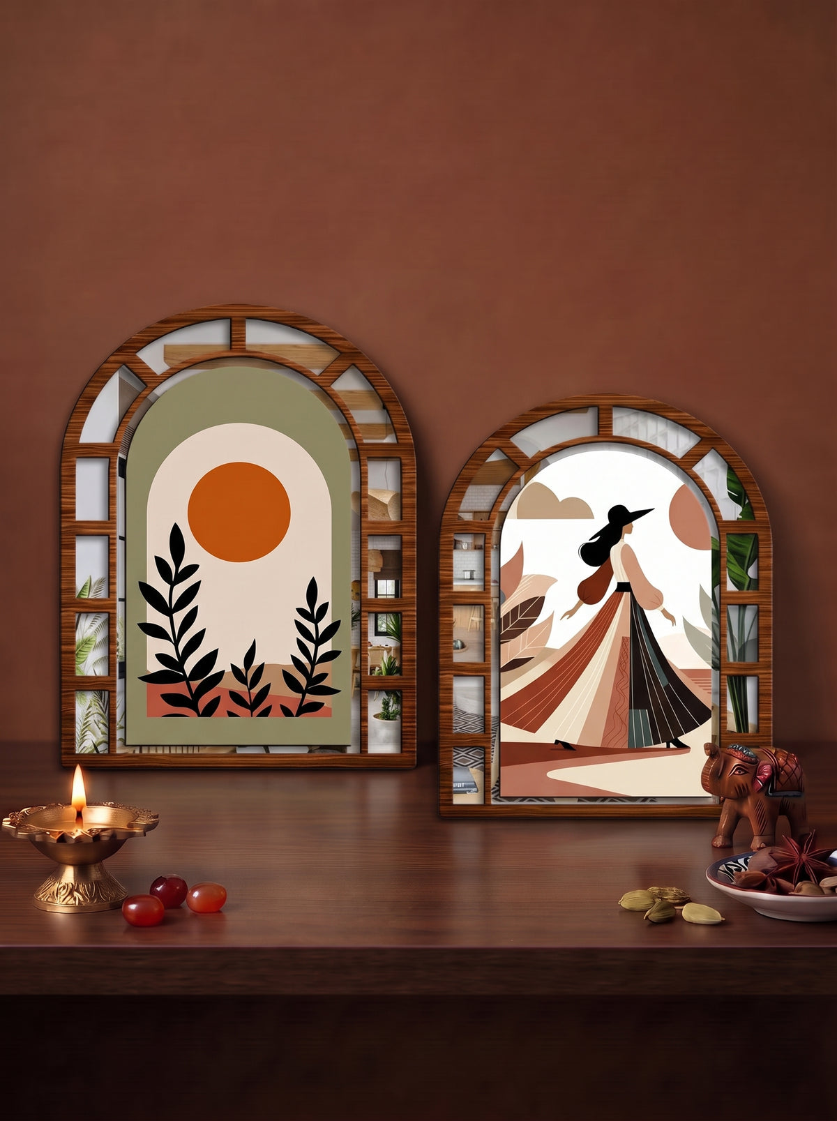 經典 Jharoka 木框藝術裝飾畫 (1組2個) Traditional Jharoka Wall Hanging Art