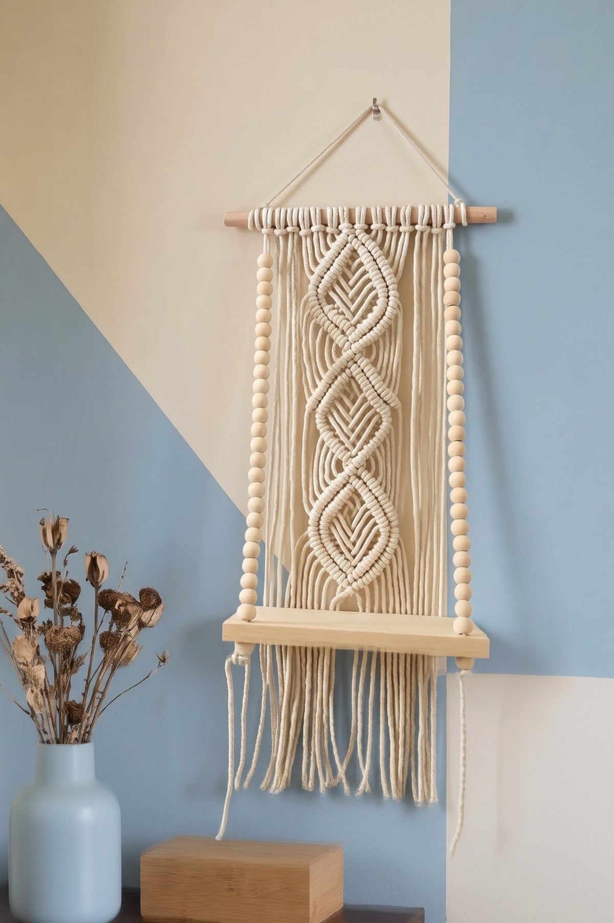 菱格拾光實木編織掛架  Geometric Diamond Macrame Shelf