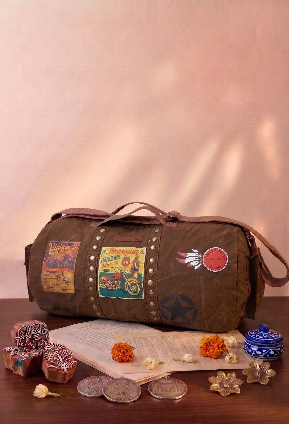 經典復古印花棉帆布旅行袋 橡果棕 Classic Vintage Canvas Travel Duffle Bag Acorn Brown