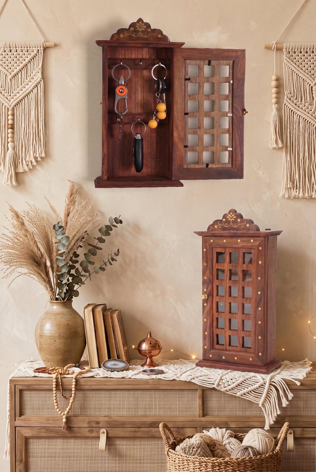 印度紫檀木壁掛式 6 鉤鑰匙收納櫃 Wall-Mounted Sheesham Wood Key Holder with 6 Hooks