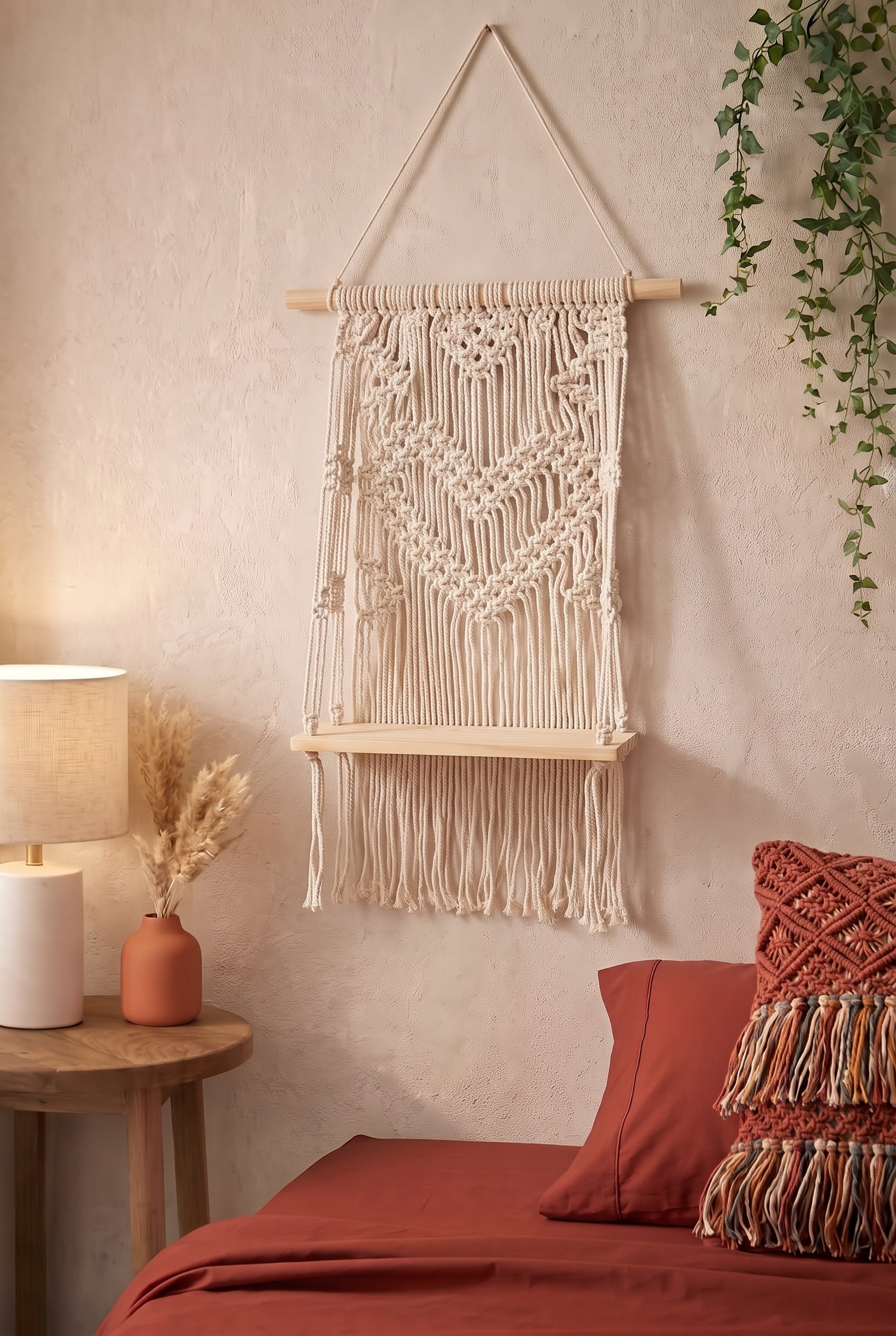 波西米亞風心型編織原木展示層架  Boho Heart Pattern Macrame Wall Shelf