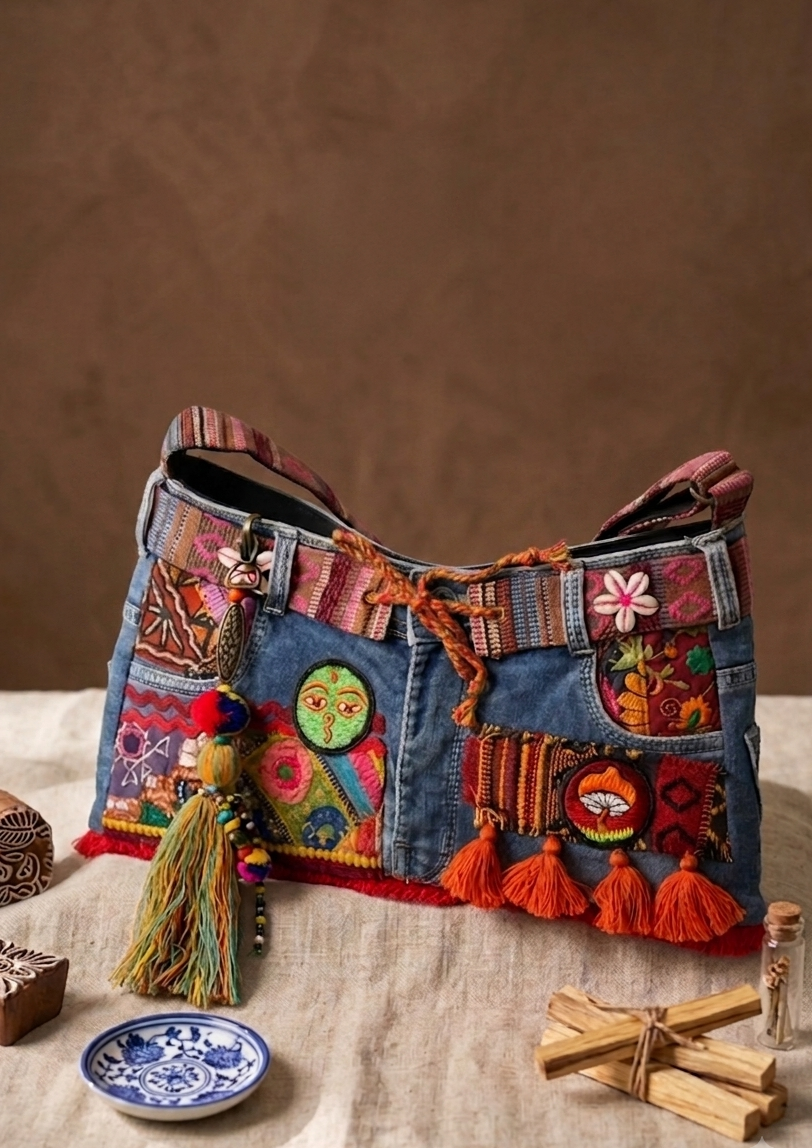 秘境漫遊・印度風古著手工改製牛仔包Mystic Wanderer • Upcycled Denim Boho Bag