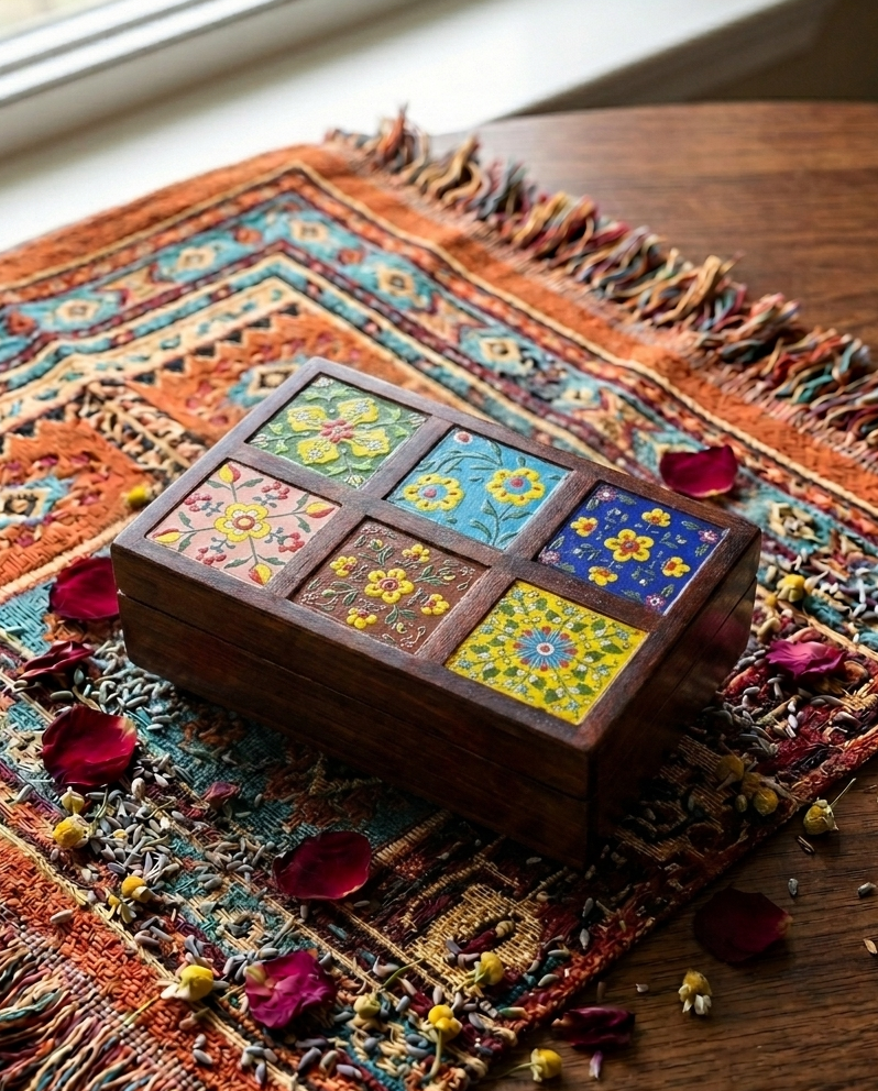 復古異國風六宮格彩繪花磚實木收納盒 Vintage Exotic 6-Tile Painted Wooden Storage Box