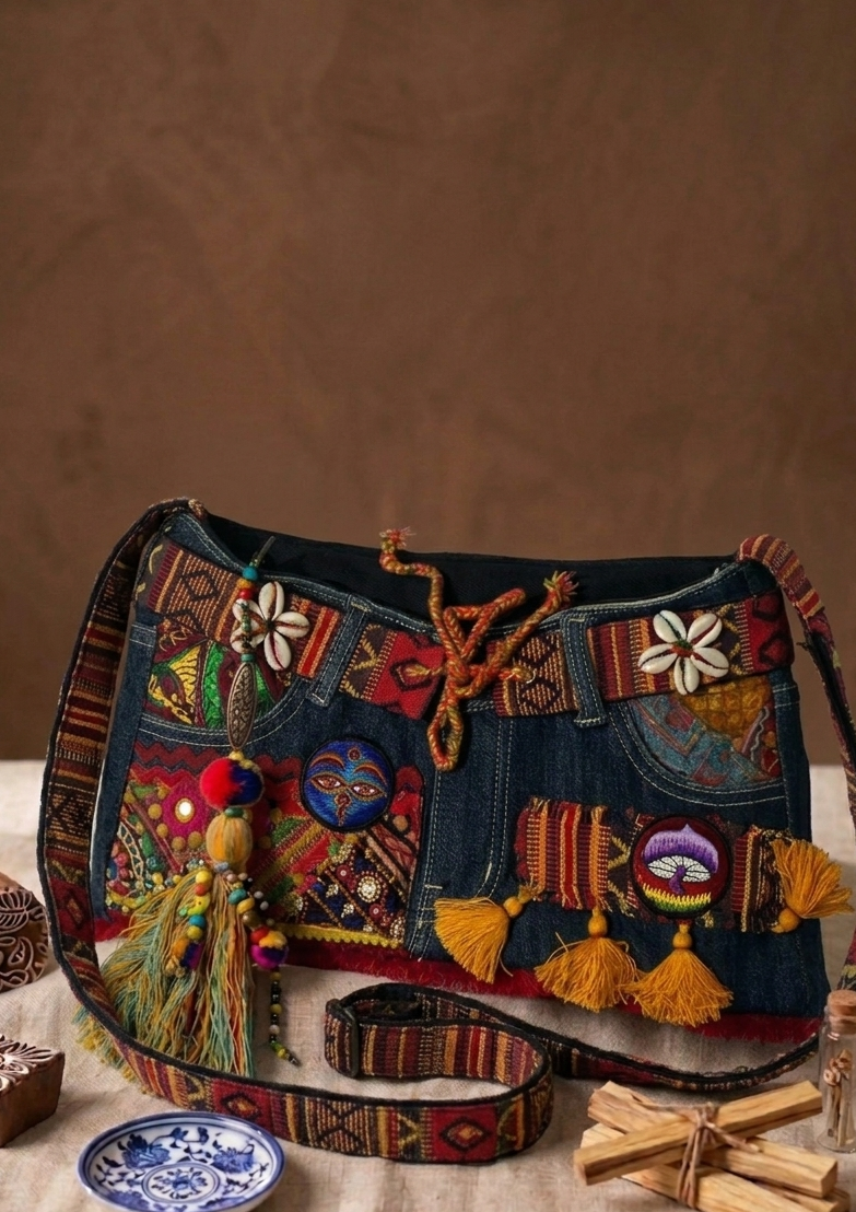 秘境漫遊・印度風古著手工改製牛仔包Mystic Wanderer • Upcycled Denim Boho Bag