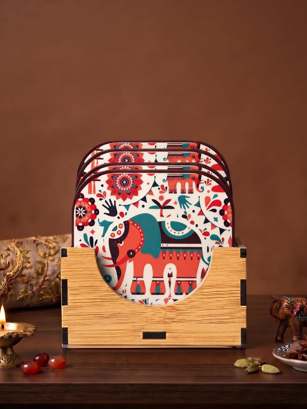 瑰麗象神手作印花木質杯墊組  Royal Indian Elephant Printed MDF Coaster Set