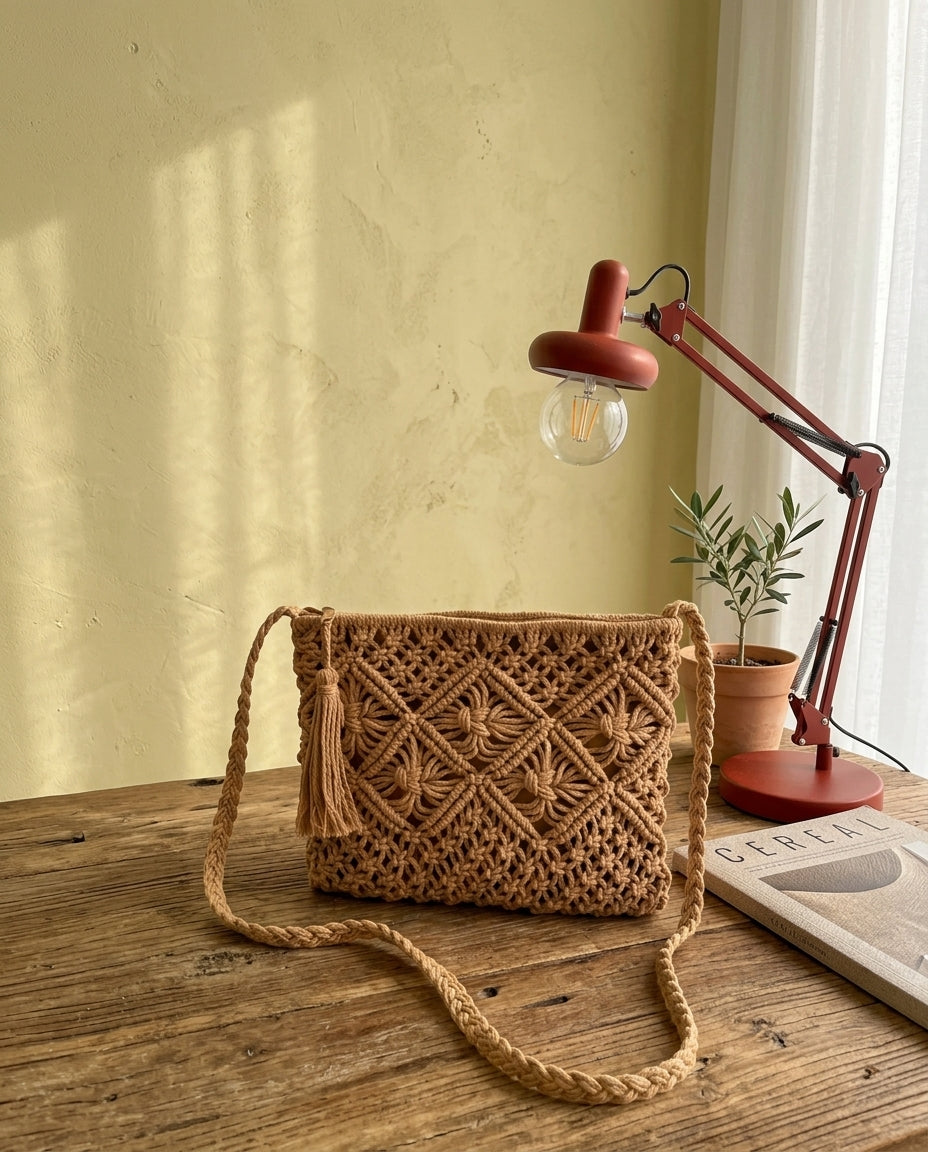 經典菱格流蘇編織斜背包 Classic Diamond Macramé Crossbody Bag