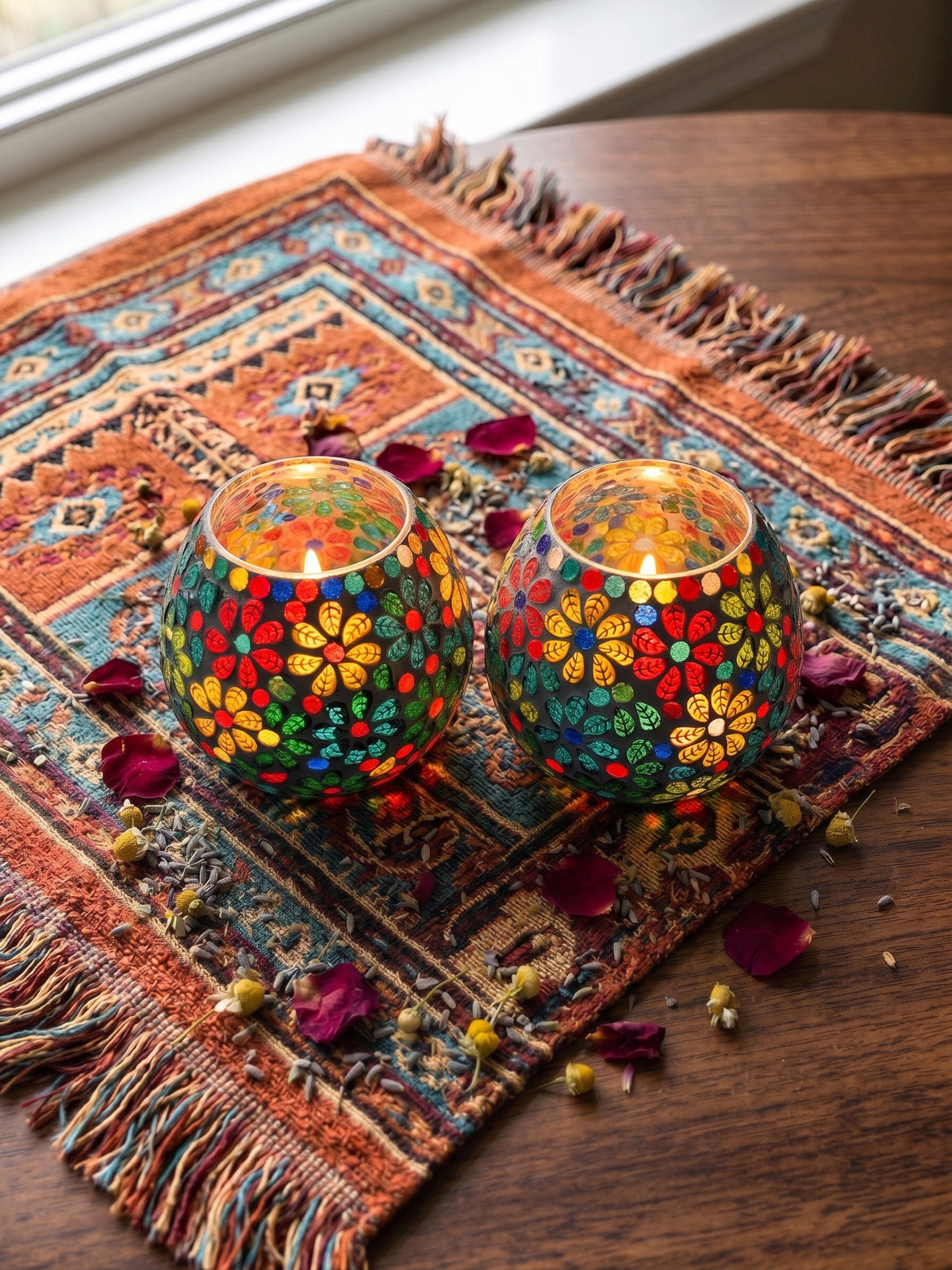 異國繁花手工馬賽克玻璃燭台（1組2個） Vintage Floral Mosaic Glass Tealight Candle Holders (Set of 2)