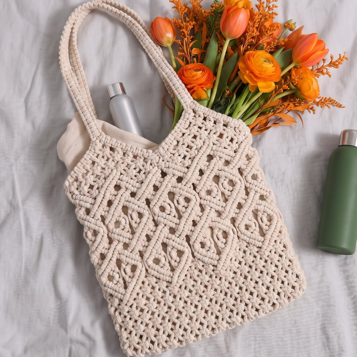菱格鏤空純棉編織包  Diamond Openwork Cotton Macramé Bag