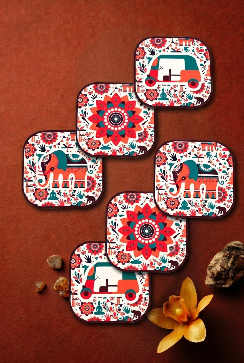 瑰麗象神手作印花木質杯墊組  Royal Indian Elephant Printed MDF Coaster Set