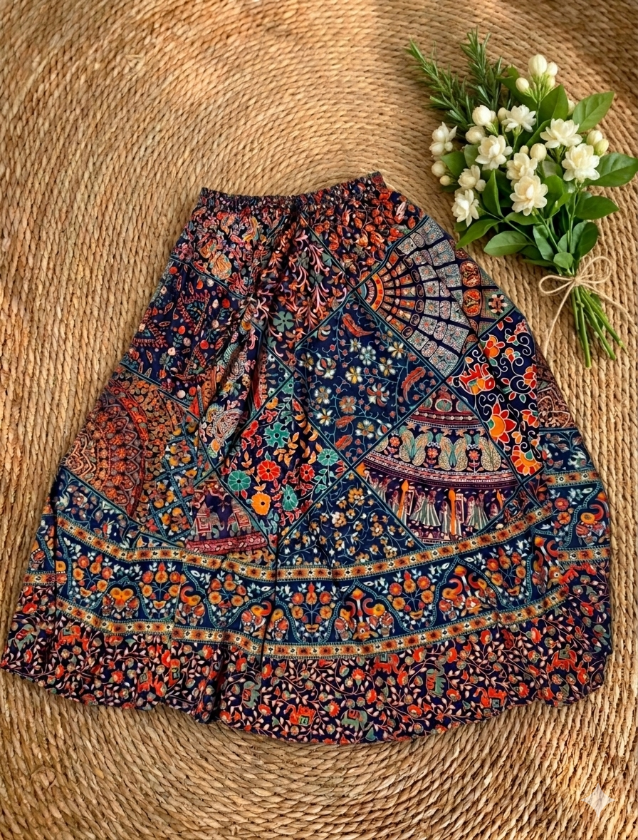 午夜藍曼陀羅拼接長裙  Midnight Blue Mandala Patchwork Skirt