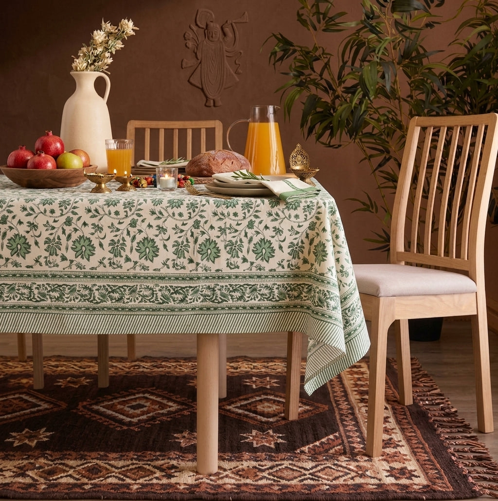 歐式凡爾賽綠手工木刻印花純棉長桌布 Versailles Green Hand-Block Printed Pure Cotton Rectangular Tablecloth