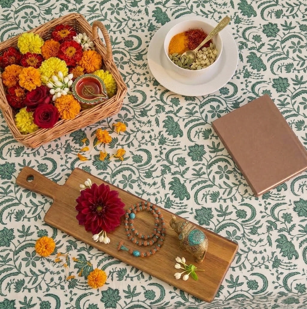 歐式凡爾賽綠手工木刻印花純棉長桌布 Versailles Green Hand-Block Printed Pure Cotton Rectangular Tablecloth