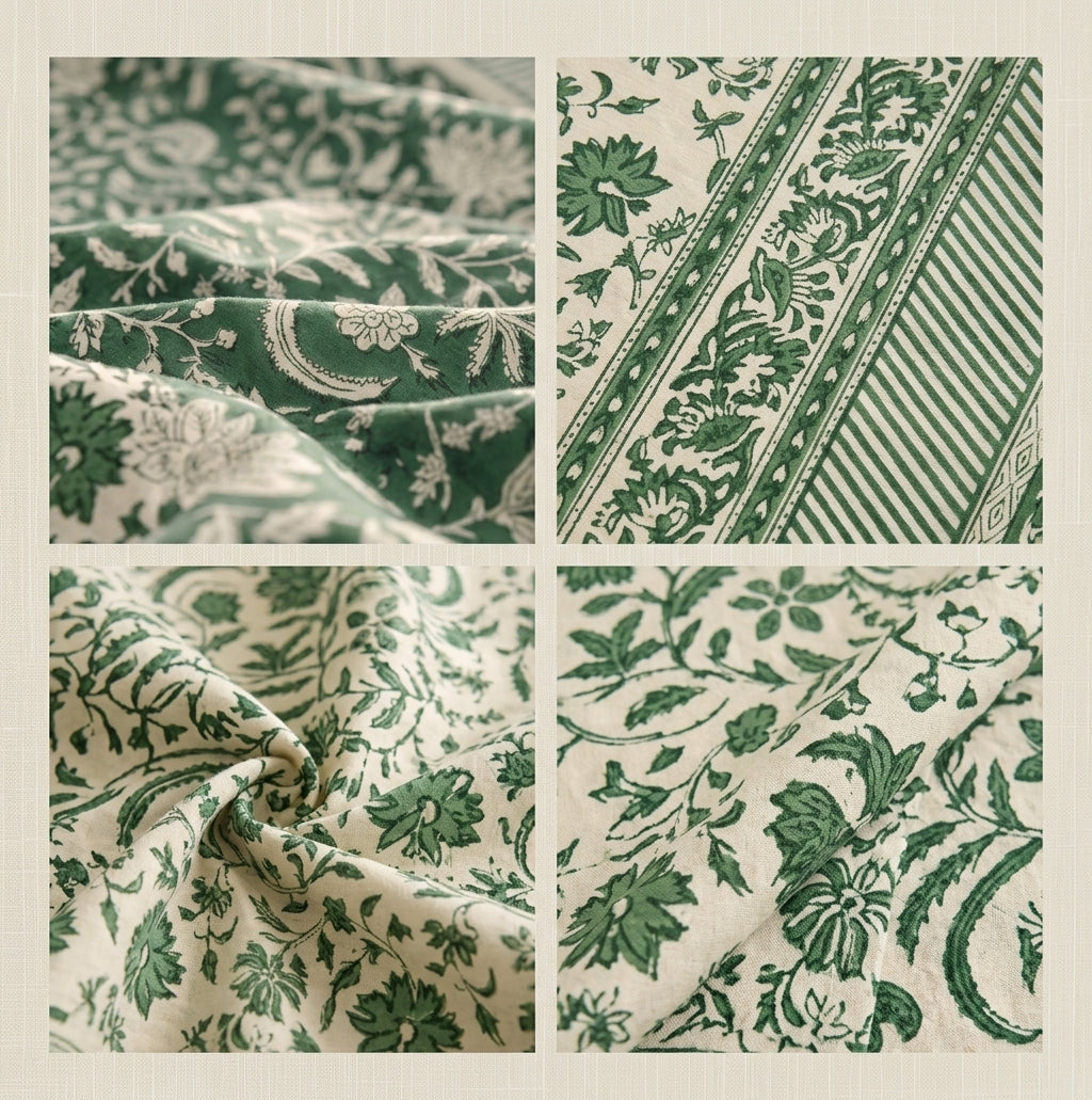 歐式凡爾賽綠手工木刻印花純棉長桌布 Versailles Green Hand-Block Printed Pure Cotton Rectangular Tablecloth